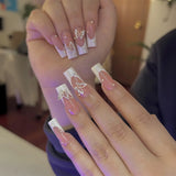 Popxstar 24Pcs Ballet False Nails Long French Press on Nails with Rhinestone Wearable Coffin Fake Nail Pink Bow Design Manicure Tips