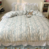 Popxstar Korean Style Princess Floral Washed Cotton Bedding Set Vintage French Pastoral Flowers Lace ruffles  Duvet Cover Set Pillowcase