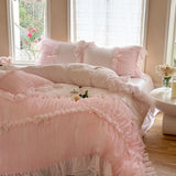 Popxstar  Romantic Lace Ruffles Bow Wedding Bedding Set 800TC Lyocell Silky Cooling Duvet Cover Flat/Fitted Bed Sheet Pillowcases 4Pcs