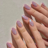 Popxstar 24Pcs Solid Color Grey Almond Fake Nail Cat's Eye Design Wearable Round Head False Nails with Shiny Powder Press on Nails