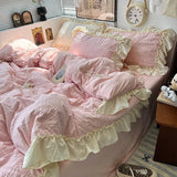Popxstar Pink Korean Princess Style Lace Ruffles Bedding Set Skin-friendly Seersucker Duvet Cover Set Fitted Sheet/Bed Sheet Pillowcases