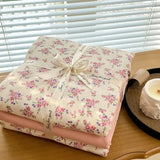 Popxstar  Ins floral print Bedding set knitted cotton Flat sheet set Four pieces duvet cover double layer-yarn 4Pcs lovely Fitted sheet