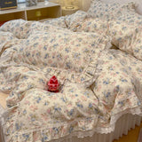 Popxstar  4Pcs Vintage French Fresh Floral Lace Ruffles 100% Cotton Bedding Set Duvet Cover Bed Skirt/Bed Sheet/Fitted Sheet Pillowcases