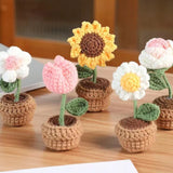 New Hand Knitting Potted Plants Handwoven Rose Sunflower Tulip Crochet Flower Bouquet Potted Ornament Table Decoration