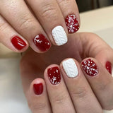 Popxstar  24pcs Christmas Short Square False Nails Press on Snowflake Pattern Design Nails Simple Red Fake Nail Tips Wave Lines Manicure