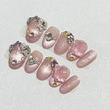 Popxstar 10Pcs Short Handmade Pink Press on Nails Spring French Rhinestone Full Cover Fake Nail Plaid Manicure Wearable Nail Tips Art