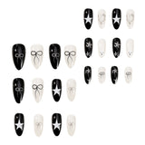 Popxstar  White Almond Press On Nails 24Pcs Black Wearable Full Cover Fake Nails Silver Star Bowknot Printed Y2K Girls Charm False Nails