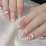 Popxstar 24Pcs Pink Almond False Nails Butterfly Ballet with French Design Wearable Fake Nails Simple Artificial Press on Nails Tips Art