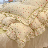 Popxstar 2/3Pc Korean Princess Style Floral Ruffles Bedding Set Single Queen Size Soft Skin-friendly Washed Cotton Duvet Cover Pillowcase