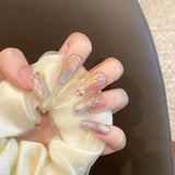 Popxstar Handmade Press on Nails Blue Aurora Mermaid Fake Nail Patches Wearable Detachable French Pearl Almond False Nail Tips 10pcs