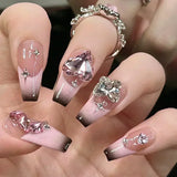 Popxstar 24Pcs Three-dimensional Love Heart False Nails with French Design Long Coffin Wearable Fake Nails Rhinestone Press on Nails Tips