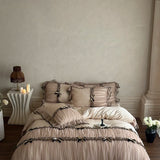Popxstar  Romantic Lace Ruffles Bow Wedding Bedding Set 800TC Lyocell Silky Cooling Duvet Cover Flat/Fitted Bed Sheet Pillowcases 4Pcs