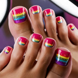 Popxstar  24pcs Square Fake Toenails Art Datachable Fashion Colorful Stripe False Nail Tips with Shiny Powder Design Short Press on Nails