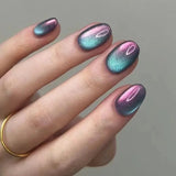 Popxstar 24Pcs Solid Color Grey Almond Fake Nail Cat's Eye Design Wearable Round Head False Nails with Shiny Powder Press on Nails