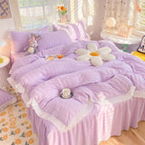 Korean Seersucker Bedding Set Princess Girls Quilt Cover Lace Ruffles Bed Skirt Sheet Luxury Solid Color Bedclothes Decor Home