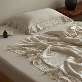 Popxstar  88% Cotton and 12% Linen Jacquard Vintage Hollow Lace Edge Summer Quilt Air Condition Thin Comforter Lightweight Blanket 1/4Pcs