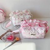 popxstar New Fashion Cherry Tote Women Makeup Bag Portable Cute Ladies Cosmetic Toiletry Storage Pouch Handbag Cotton Quilted Zipper Bag