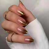 Popxstar 24Pcs Solid Color Grey Almond Fake Nail Cat's Eye Design Wearable Round Head False Nails with Shiny Powder Press on Nails