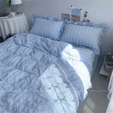 popxstar INS Girl Blue Bedding Sets Solid Color Seersucker Ruffles Lace  Kawaii Soft Sheet Woman Duvet Cover Pillow Covers Quilt Cover