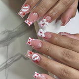 popxstar 24Pcs Pink French Style Fake Nails 3D Bowknot Designs Short Square Press on Nails Sweet Korean Fashion False Nail for Women Girl