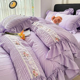 Popxstar Korean Princess Style Lace Ruffles Wedding Bedding Set Seersucker Washed Cotton Soft Duvet Cover Set Bed Sheet Pillowcase 3/4Pcs