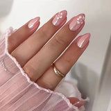 Popxstar  24Pcs Blush Pink False Nails White Flower Printed Short Round Head Press on Nails Sweet French Style Charms Manicure for Women