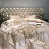 Popxstar  Royal Golden Embroidery European Palace Luxury Bedding Set Champagne Brocade Egyptian Cotton Duvet Cover Bed Sheet Pillowcases