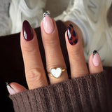 Popxstar  24pcs Winter Black False Nails Set Acrylic Leopard Print French Tip Almond Fake Nail Art with Shiny Powder Design Press on Nails