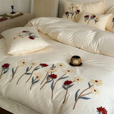 Popxstar  Flowers Towel Embroidery Bedding Set 100% Cotton Brushed Single Queen King Size Duvet Cover Flat/Fitted Sheet Pillowcases 3/4Pc