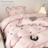 Popxstar 3pcs bow embroidery Bedding set ruffles Duvet Cover Set (1*Duvet Cover + 2*Pillowcase, Without Core)for bedroom guest room