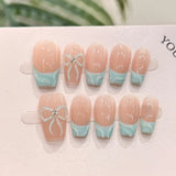 Popxstar  10pcs Summer Handmade Fake Nails Art Green French Short Ballet False Nail Tips Wearable Flower Pearl Design Press on Nails Sets