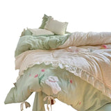 4Pcs Bedding Set Floral Rabbit Bow Lace Bed Sheets With Green Duvet Cover Muslin Bedding Bed Sheets Kawaii Princess Bedding
