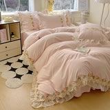 New INS Princess Style Bedding Sets Ruffle Lace Bow Quilt Cover Romantic Bedclothes Woman Girls Bedroom Duvet Cover 4pcs