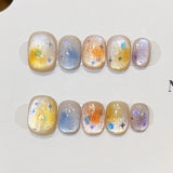 Popxstar  10pcs Gradient Colorful Handmade False Nails Art with Glitter Star Design Fake Nail Tips Short Ballet Press on Nails Finished
