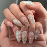 Popxstar 24Pcs Pink Almond False Nails Butterfly Ballet with French Design Wearable Fake Nails Simple Artificial Press on Nails Tips Art