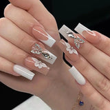 Popxstar 24Pcs Coffin False Nails Purple Butterfly Designs Fake Nails with Shiny Rhinestone Wearable French Full Cover Press on Nails