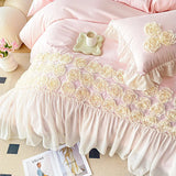 Popxstar 3Pcs Pink Skin-friendly Soft Three-dimensional Flowers Embroidery Lace Ruffles Princess Bedding Set Duvet Cover With Pillowcases