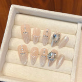 Popxstar 10Pcs Pink Almond Handmade Press on Nails Bow Fake Nails with Rhinestone Decoration Wearable Stick-on Nails False Nail 네일팁
