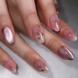 Popxstar 24pcs Short Almond Wearable False Nail Tips Lines Bow Rhinestones Design Fake Nail Art Cute Pink Love Pearl Press on Nails Set