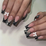 popxstar 24Pcs Pink French Style Fake Nails 3D Bowknot Designs Short Square Press on Nails Sweet Korean Fashion False Nail for Women Girl