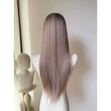 Popxstar Wig Long Straight Mixed Color Chocolate Gray 24 Inch Women's Lace Wig Natural Color Synthetic Wig for Cosplay