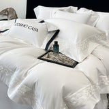 Popxstar  100% Egyptian Cotton White Luxury Embroidery Hotel Style Bedding Set Duvet Cover Set Flat/Fitted Bed Sheet Pillowcases 4Pcs