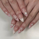 Popxstar 24pcs White Flower Fake Nail Tips Ins Yellow Pink Blush False Nails Wearable Full Cover European Almond Shaped Press on Nails