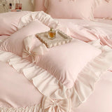 Popxstar Chiffon Lace Bedding Set Pink France Romantic Princess Wedding Ruffles Bow Soft Duvet Cover Bed Sheet Pillowcases Home Textile