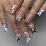 Popxstar 24Pcs Pure White French Press on Nails Long Square Head False Nails with Pearl Pink Bow Design Ballet Wearable Fake Nails