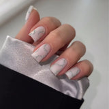 Popxstar 24Pcs Short Ballet False Nails with Bow Design White French Press on Nails Wearable Square Head Full Cover Fake Nail Manicure