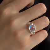 Popxstar Kpop 90s Grunge Aesthetic Irregular Liquid Metal Heart Moonstone Open Ring For Women Luxury Vintage Jewelry EMO Y2K Accessories