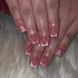 Popxstar 24Pcs Pink Square Head Fake Nails Press on Flower Bow Rhinestone Design Nails Set with Jelly Glue Wearable French False Nails