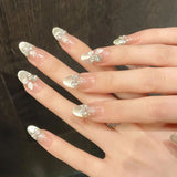 Popxstar  10pcs Cat's Eye Handmade Fake Nail Art Spring Summer Mid-length Oval False Nails Tips Purple Flower Pearl Design Press on Nails