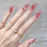 Popxstar 24Pcs Three-dimensional Love Heart False Nails with French Design Long Coffin Wearable Fake Nails Rhinestone Press on Nails Tips